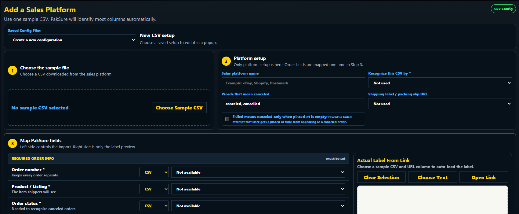 PakSure detecting and mapping an uploaded sales platform CSV file
