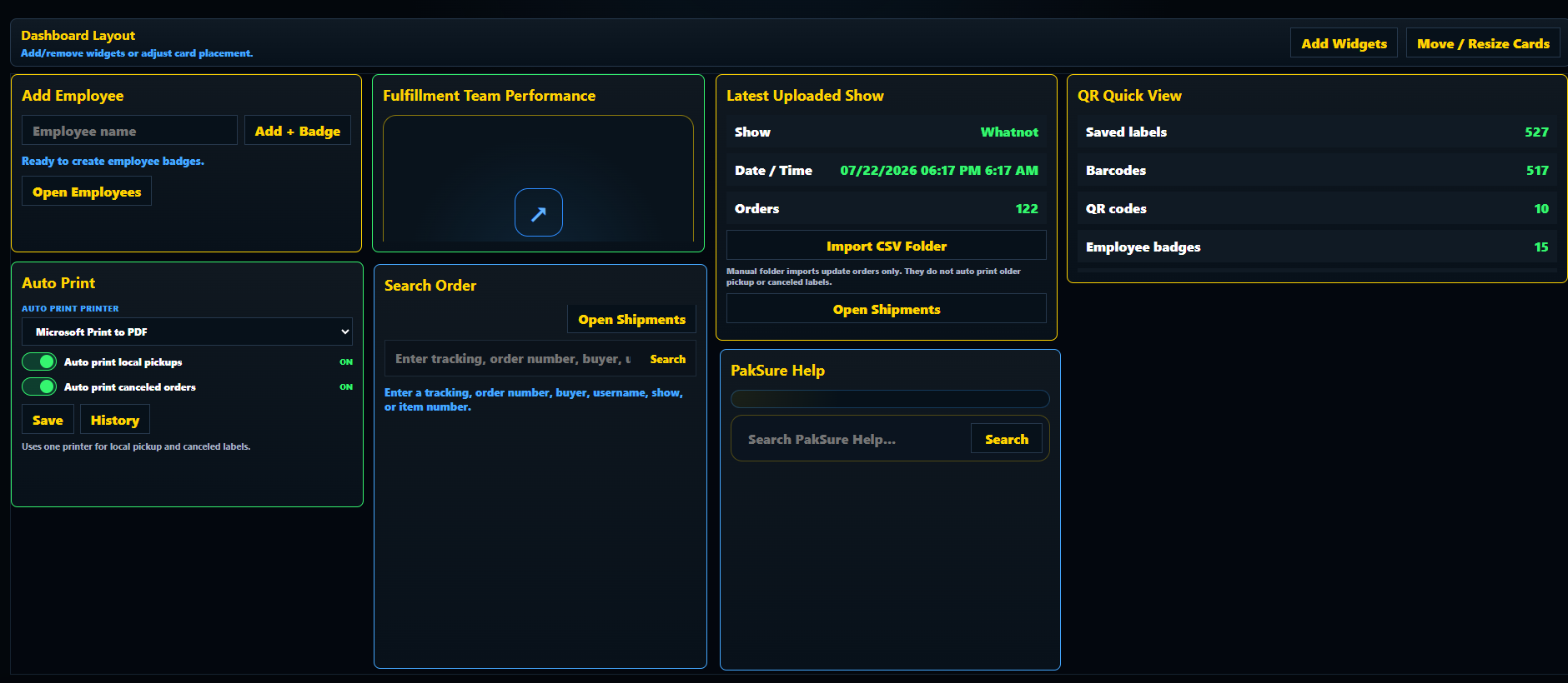 Actual PakSure manager dashboard with packing tools and floor information