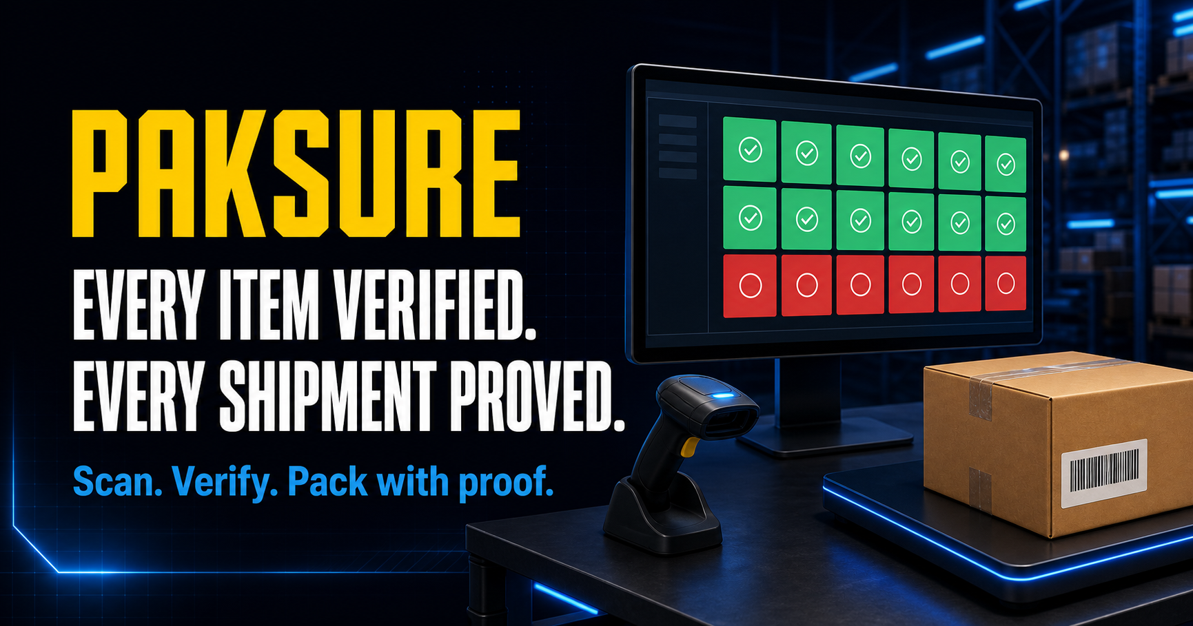 PakSure packing station with scanner, verified items, and packed shipment