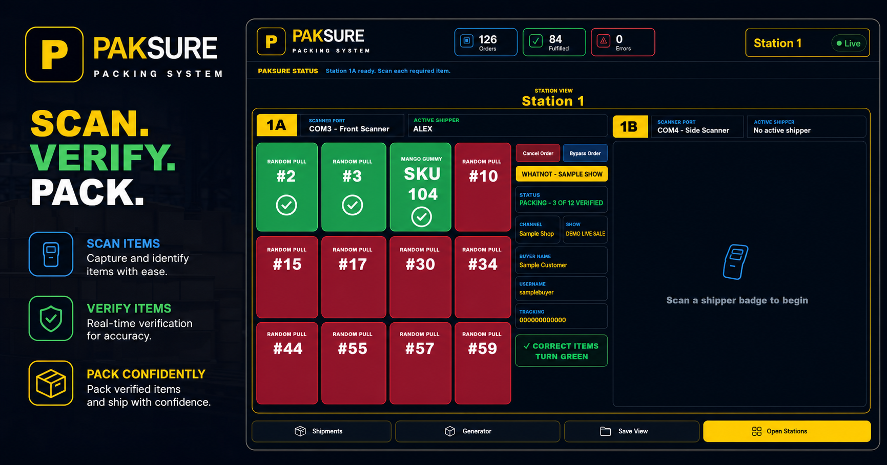 PakSure scan, verify, and pack workflow beside Station 1A and Station 1B